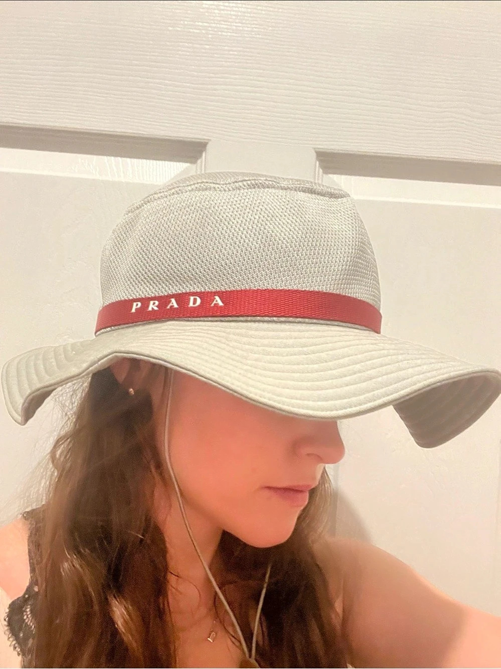 Prada Sport Mesh Bucket Hat with Red Trim in Gray & Red